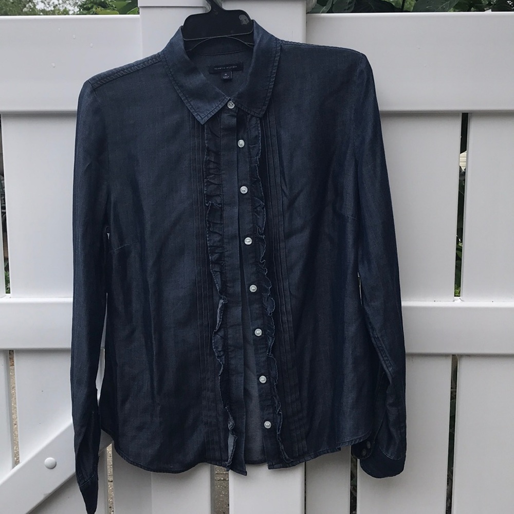 Lovely ruffled front chambray blouse